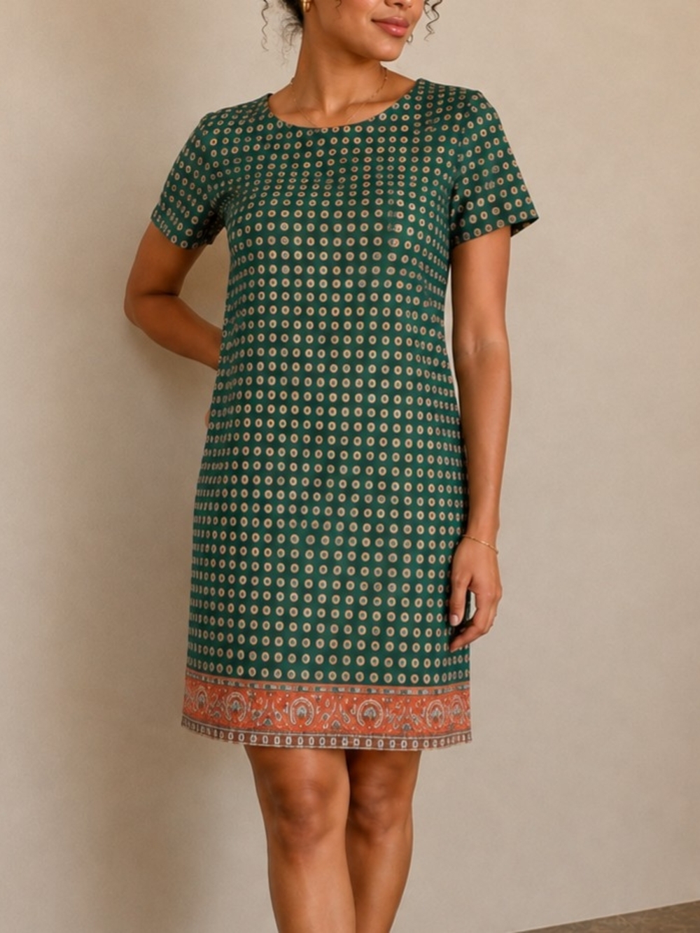 J Crew Green Printed Short Sleeve Shift Dress with Border Hem